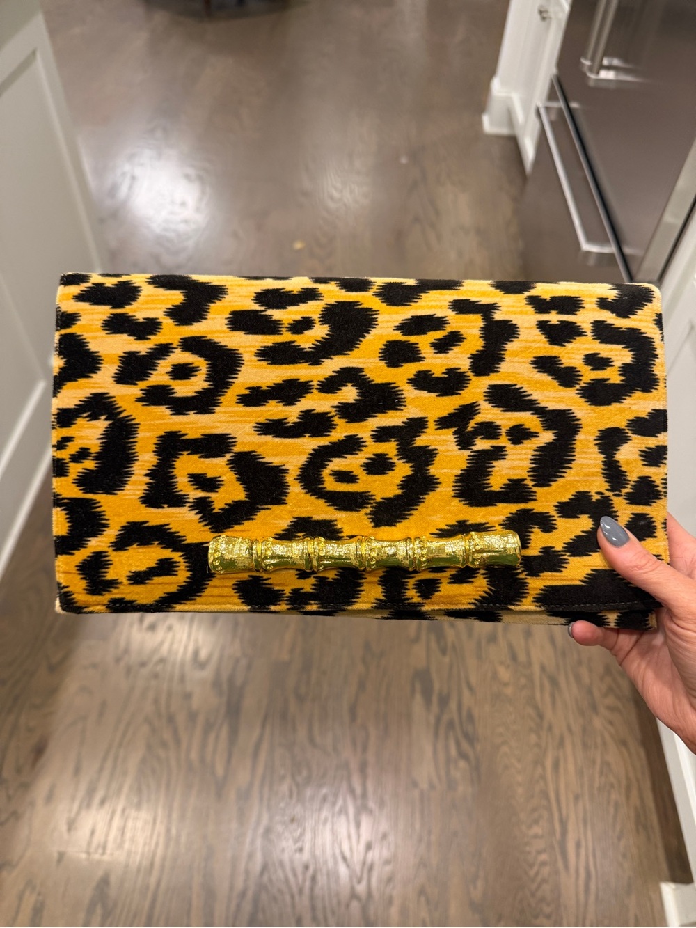 Leopard-Print Foldover Clutch with Gold Bamboo Accent